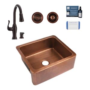 Lange 25 in. Farmhouse Apron Undermount Single Bowl 16 Gauge Antique Copper Kitchen Sink with Maren Bronze Faucet Kit