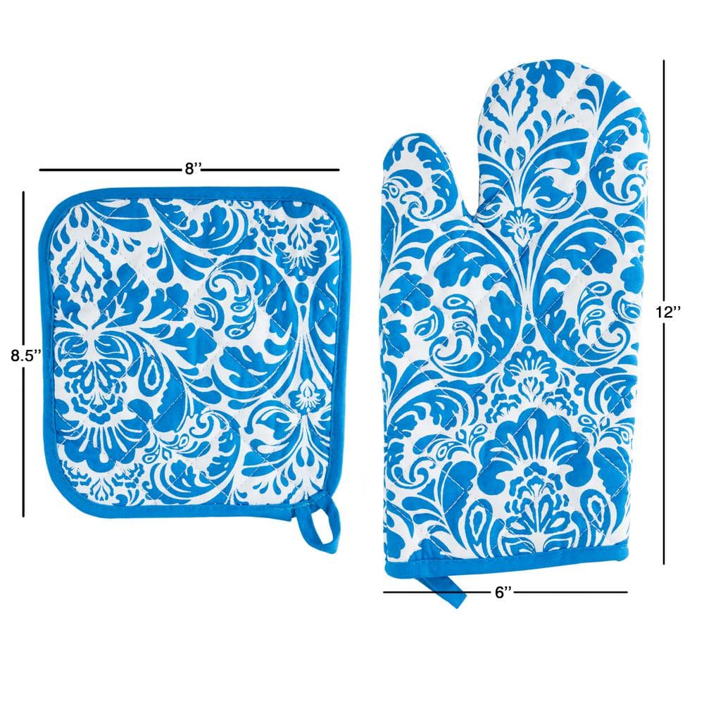 Blue and White Cotton Quilted Oven Mitt and Pot Holder Set