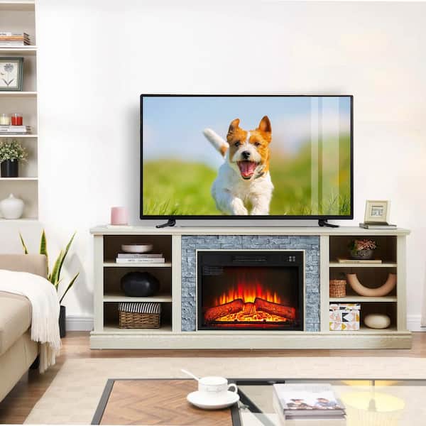 SUNRINX 70 in. W Freestanding Wooden with Faux Stacked Stone Surround Large Electric Fireplace TV Stand in White