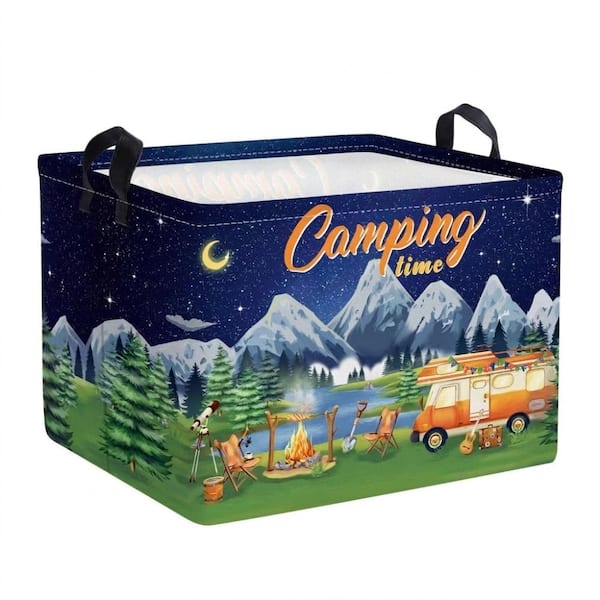 Rectangle Outdoor Storage Basket with Night Camping Mountain Print, 15.75 x 11.81 x 11.81 in Bin Black