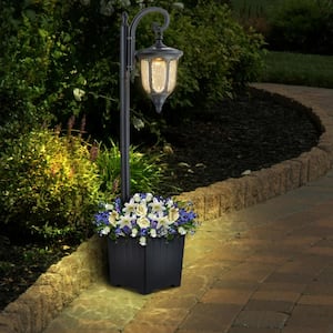 1-Light Black Weather Resistant Solar Outdoor Post Light with Planter and Crackle Glass Shade