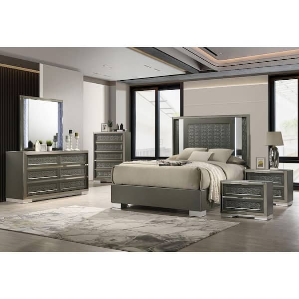 Jena 6-Piece Dark Gray Wood Frame King Platform Bedroom Set with LED on Headboard and Mirror, Leaf Pattern Moulding