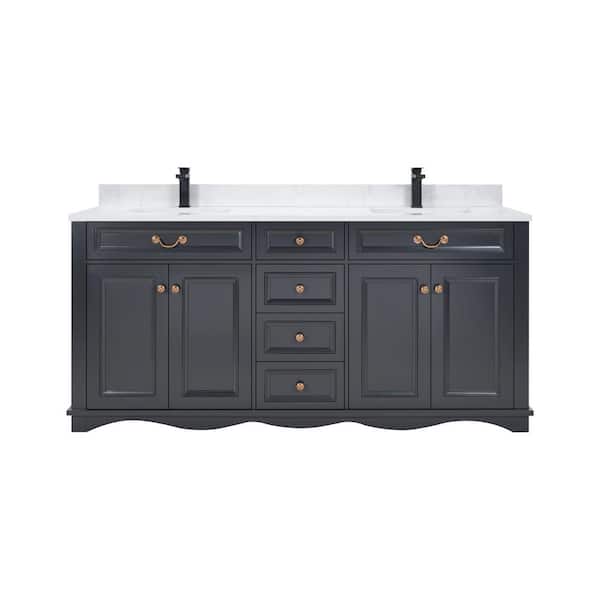 French Contemporary 72 in. Freestanding Tricorn Black Bath Vanity with White Artificial Stone Top Assembled Bath Vanity
