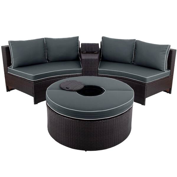 Zeus & Ruta 6-Pieces Brown Wicker Outdoor Conversation Sectional Set with Gray Cushions for Garden, Pool, Backyard