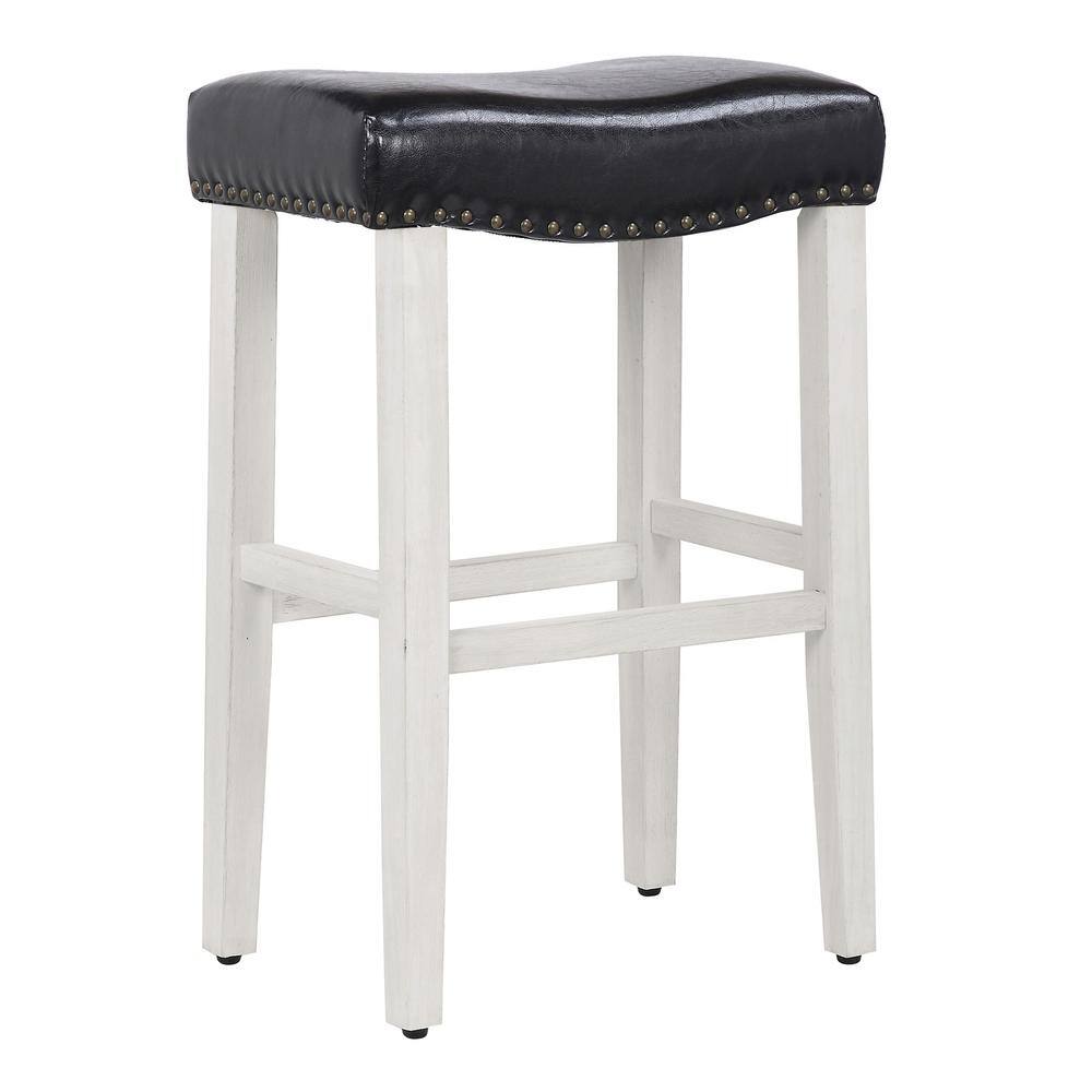 Antique White and Black Leather Saddle Style 29" Bar Stool