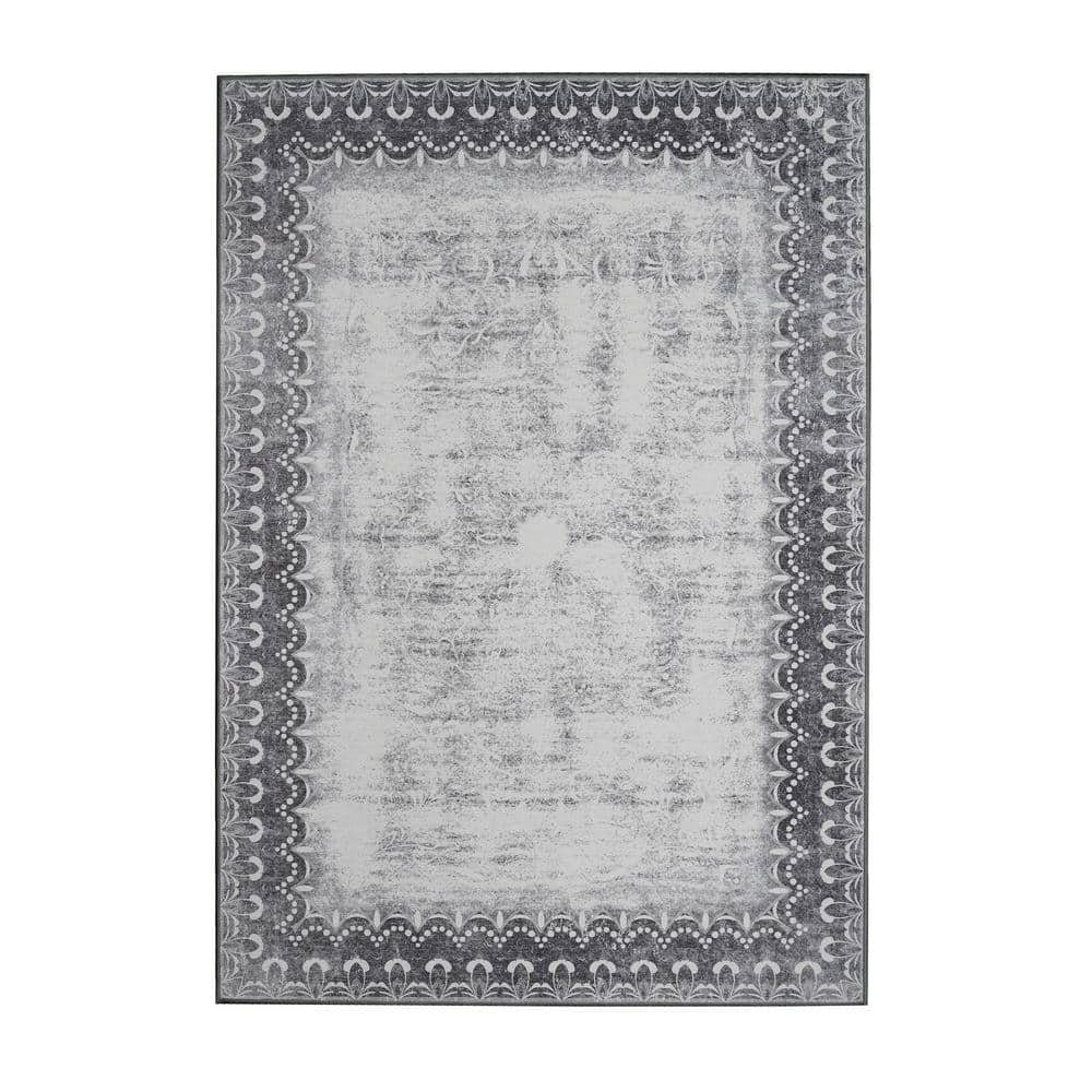 Gray Bordered 5' x 7' Washable Synthetic Rug