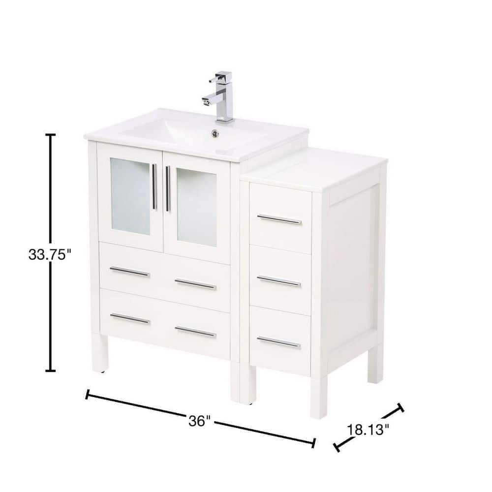 White Engineered Wood Freestanding Vanity Set with Mirror and Ceramic Sink