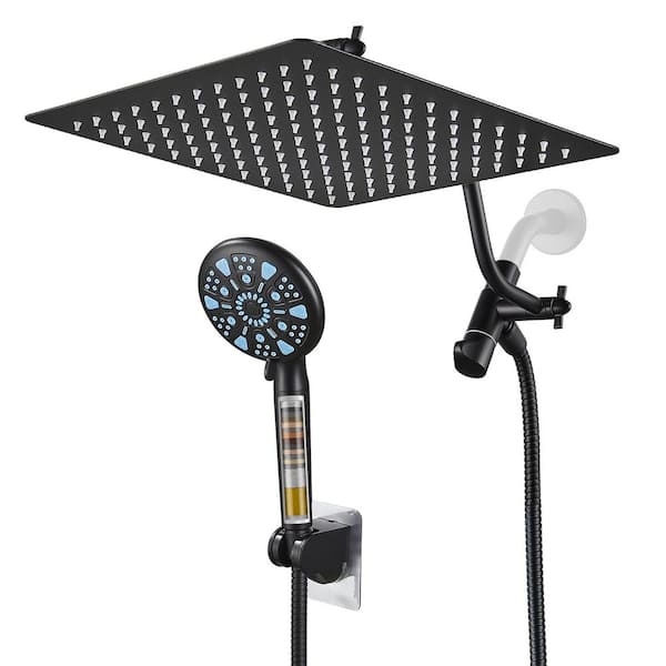 Zalerock Rain full 9-spray Wall mounted 12 in. Dual Shower Head, Handheld Shower Head Filtration 2.5 GPM Shower Faucet in Black