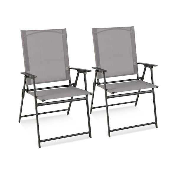 2 Pieces Metal Patio Folding Chairs with Armrests for Deck Garden Yard-Gray