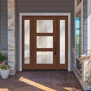 Regency 64" x 80" Modern 3 Lite Equal Clear Glass LHIS Chestnut Mahogany Fiberglass Prehung Front Door w/Dbl 12" SL