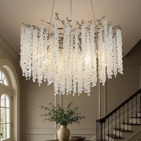25 in 6-Light Modern Polished Nickel Crystal Chandelier GlamBranch Style Pendant Ceiling Light for Dining Room Bedroom