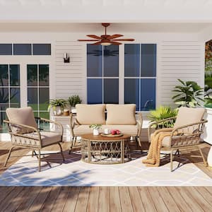 Bohemian Style 4-Piece Metal and Wicker Patio Conversation Set with Beige Cushions