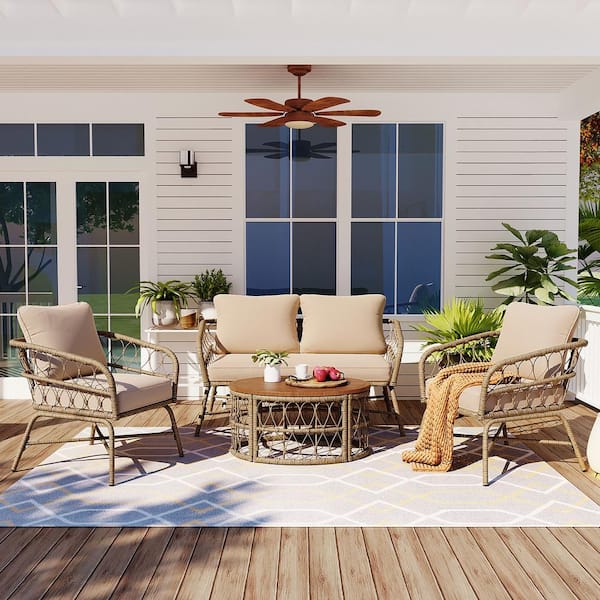 Harper & Bright Designs Bohemian Style 4-Piece Metal and Wicker Patio Conversation Set with Beige Cushions