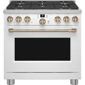 36 in. 6.2 cu. ft. Smart Gas Range with Steam Cleaning Convection Oven in Matte White