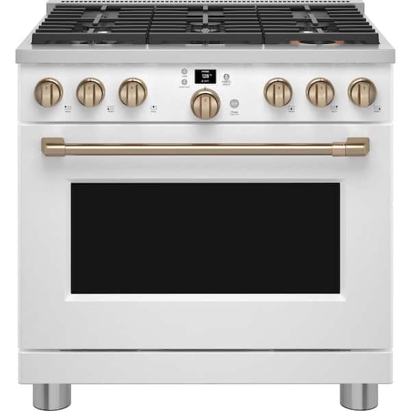Cafe 36 in. 6.2 cu. ft. Smart Gas Range with Steam Cleaning Convection Oven in Matte White