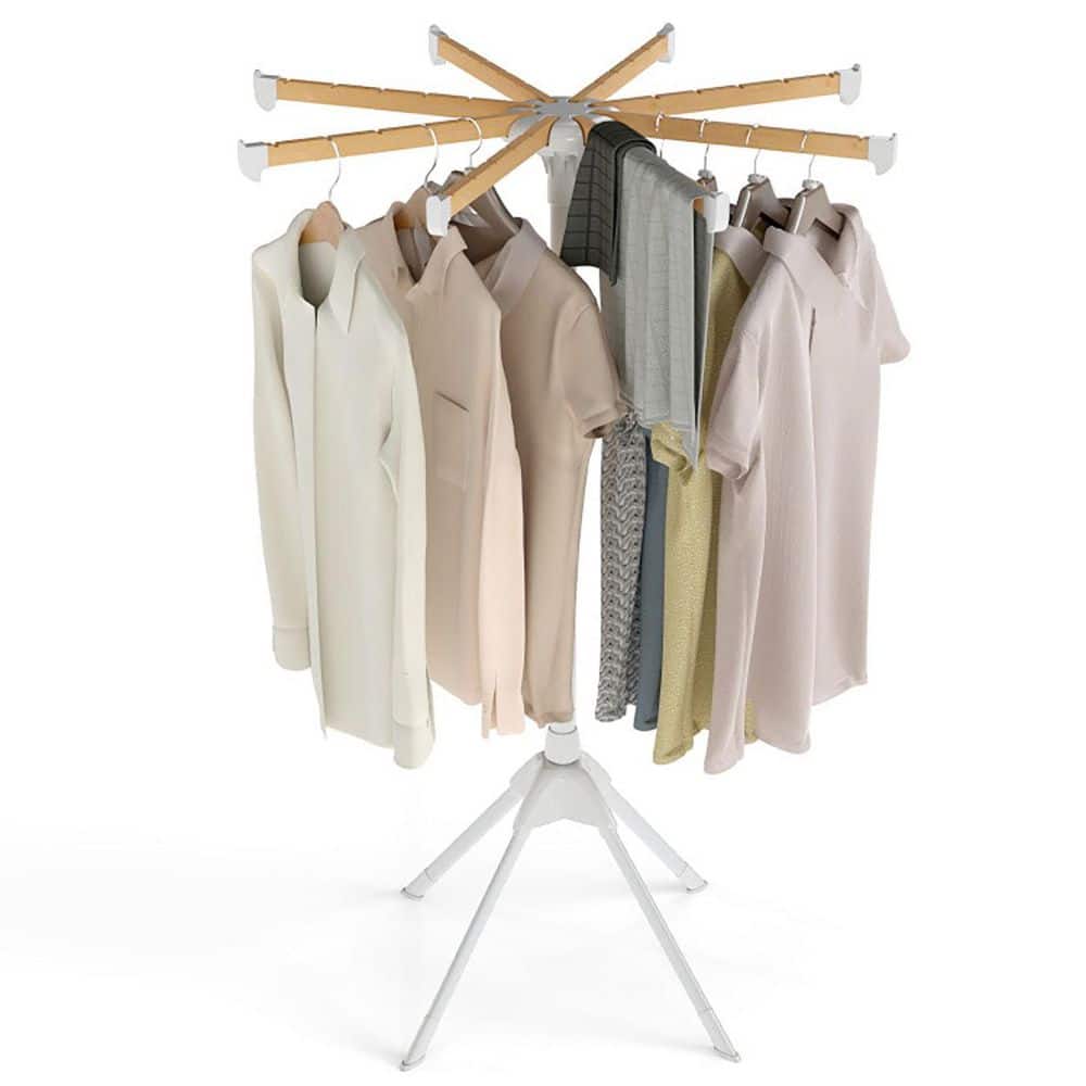 White 45 in. W x 45 in. D x 123 in. H Metal Free Standing Drying Rack with 8 Bamboo Hanging Rods and 40 Hanger Slots