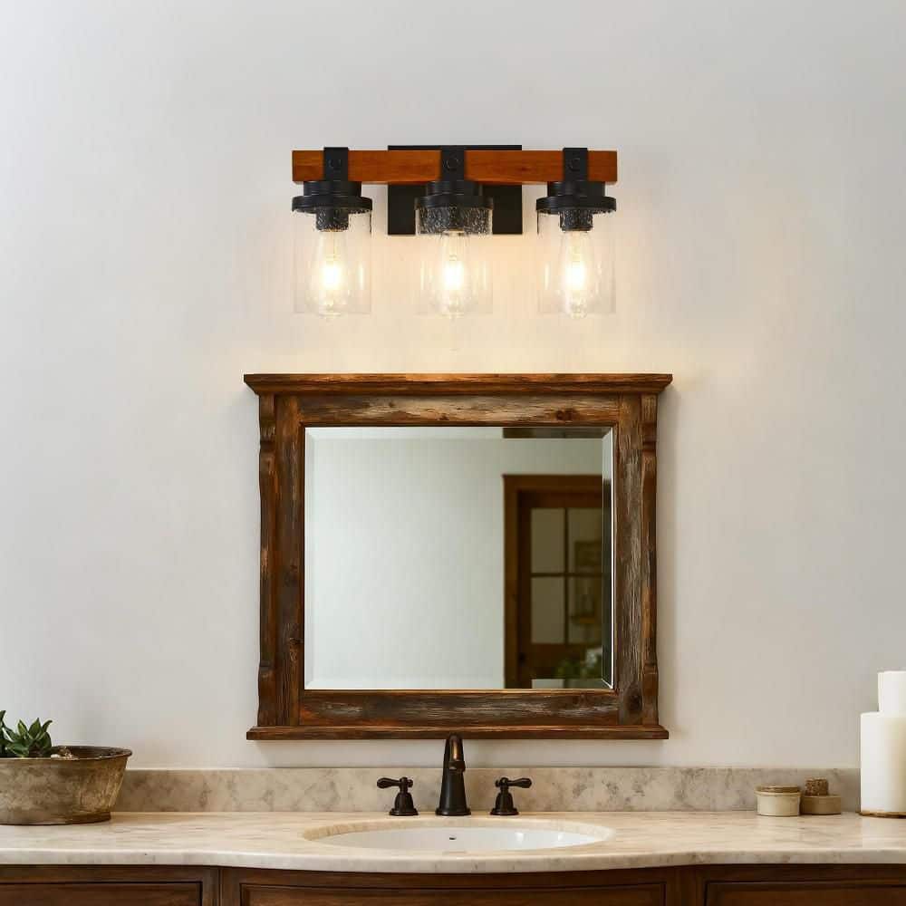 10 in. Bathroom Vanity Light Wooden Over Mirror Rustic Sconces Wall Lighting 3-Light Black for Bedroom Hallway Kitchen price history on PriceWatchPro