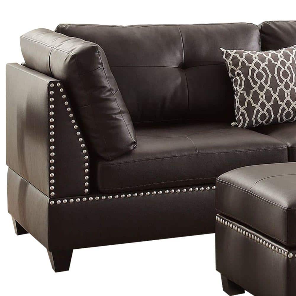Brown Tufted Leather 3-Piece Sectional Sofa with Ottoman