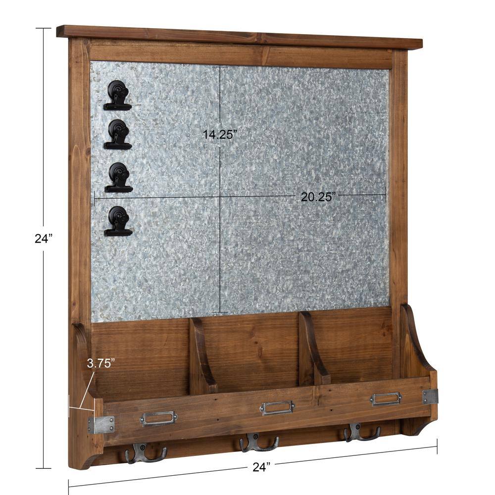 Rustic Brown Wood and Metal Magnetic Wall Organizer with Hooks