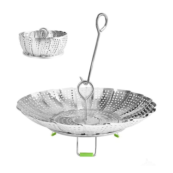 Stainless Steel Steamer Basket Metal Handle Folding Silicone Feet Insert for Cooking Veggies Fish Seafood