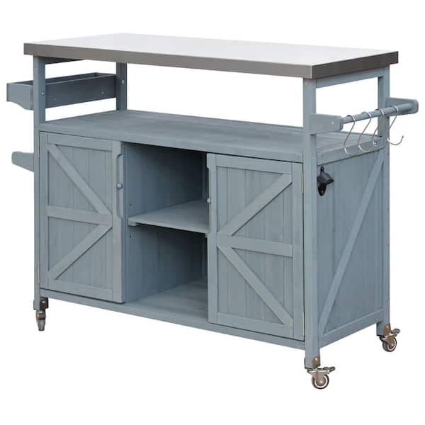 TUYOHW Wood Grill Cart, Portable Outdoor BBQ Table with Wheels, Includes Spice Rack (Blue)