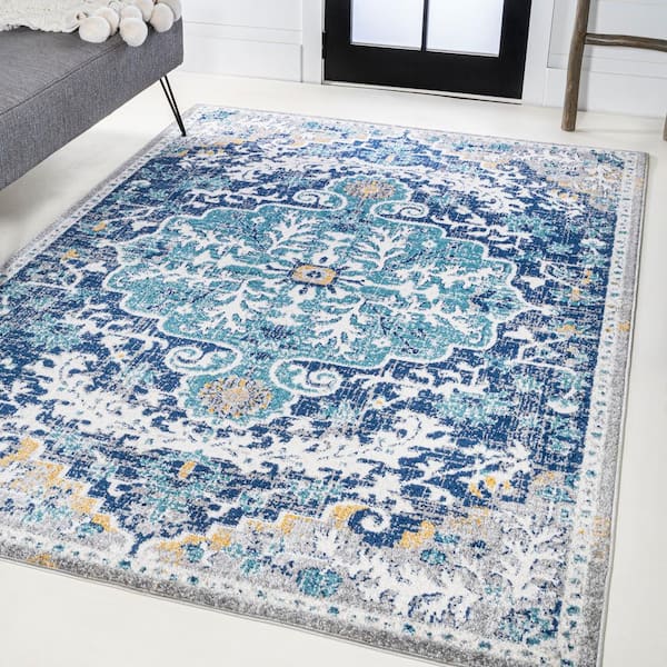 JONATHAN Y Anaise Ornate Dark Blue/Gray 4 ft. x 6 ft. Boho Medallion Area Rug