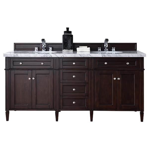 James Martin Vanities Brittany 72 in. W Double Bath Vanity in Burnished Mahogany with Marble Vanity Top in Carrara White with White Basin