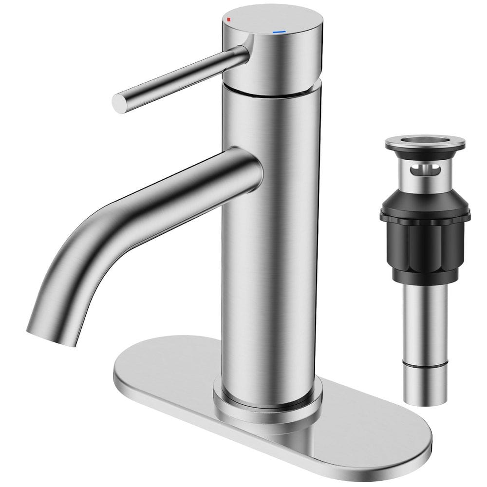 Single Handle Mid-Arc Bathroom Faucet with Deckplate and Pop-Up Drain in Brushed Nickel price history on PriceWatchPro