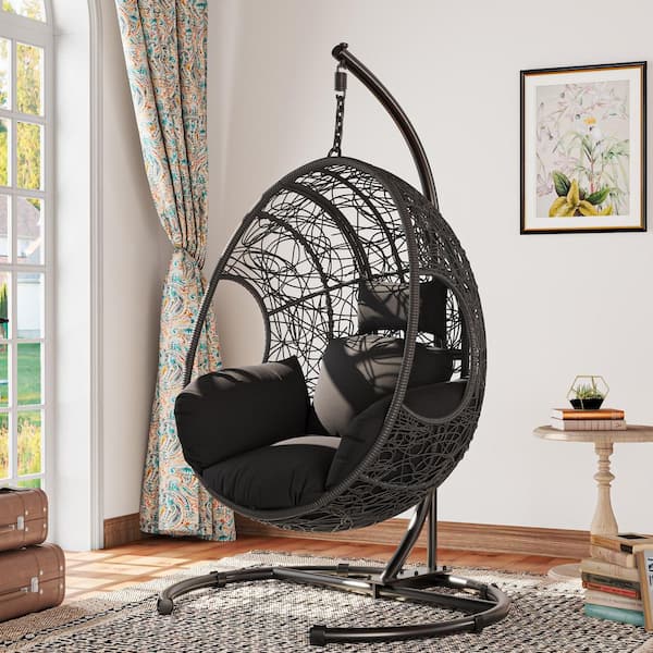42 in. Freestanding Hanging Gray Egg Chair, 400 lbs. Outdoor Swing with Cushion, Weatherproof Rattan and Cover