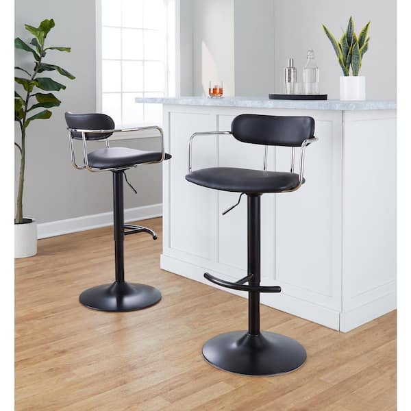 Lumisource Demi 32.5 in. Black Faux Leather and Chrome and Black Metal Adjustable Bar Stool (Set of 2)