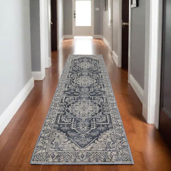 2 X 8 Blue Floral Washable Area Rug Runner Rug