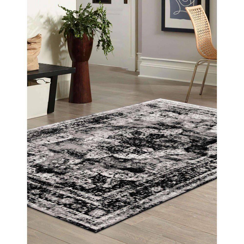Reversible Black and Gray Synthetic Rectangular Area Rug