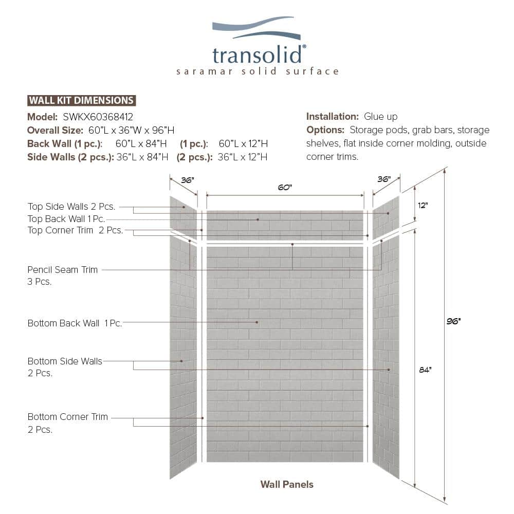 Saramar Gray Subway Tile Alcove Shower Wall Kit