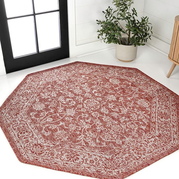 Tela Bohemian Textured Weave Floral Red/Taupe 8 ft. Octagon Indoor/Outdoor Area Rug