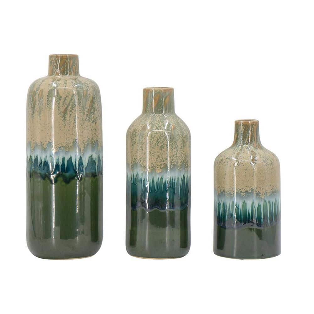 HomeRoots Set of 3 14.2 in. H Beige Blue And Green Round Ceramic Table ...