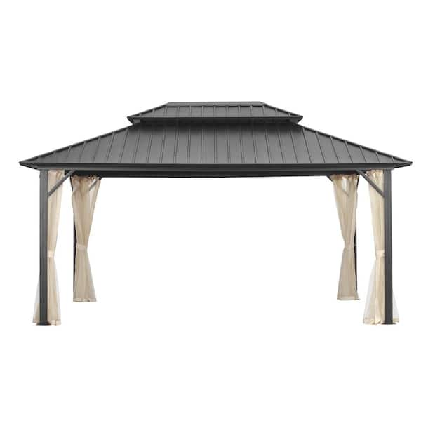 OVASTLKUY 12 ft. x 16 ft. Black Galvanized Iron Double Hardtop Gazebo ...