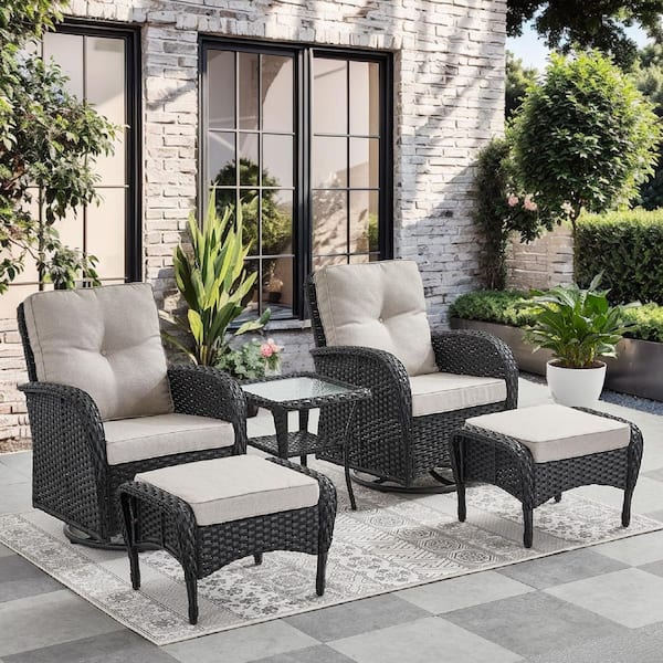 Sleek Arm 5-Piece Black Wicker Patio Conversation Set with Olefin Beige Cushions Patio Swivel Chairs and Ottomans