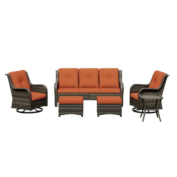 6-Piece Brown Wicker Patio Conversation Set Outdoor Couch Set with Orange Cushions