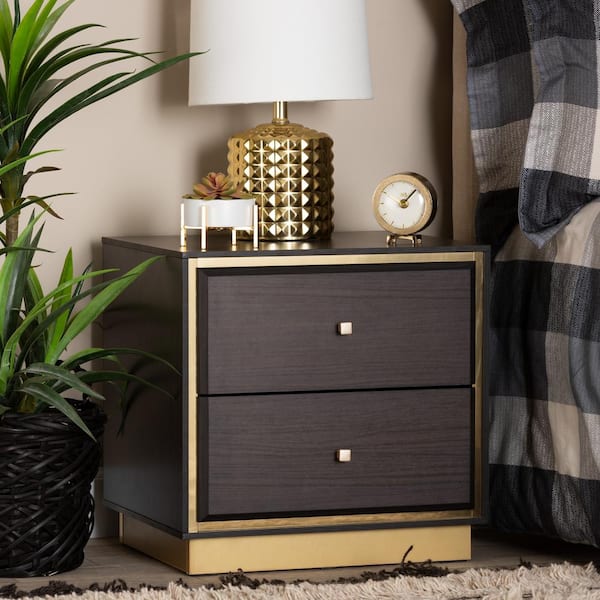 Baxton Studio Cormac 2 Drawer Dark Brown and Gold Nightstand 18.5