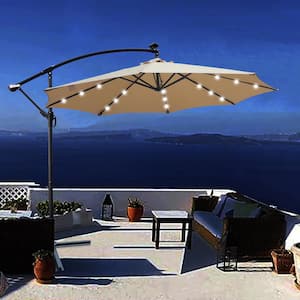 10 ft. Steel Cantilever Solar Patio Umbrella in Tan Offset Hanging Umbrella with 24 Solar LED Lights and Cross Stand