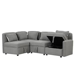 122.80 in. 4 Seater Chenille Sectional Sofa in. Gray with 5 Pillows