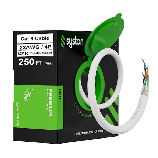 Syston Cable Technology 250 ft. White Cat 8 CMR 22 AWG Ethernet Bulk Cable 2GHz 40GB Individual Electro-Magnetic Tinned Copper Braid Shielding
