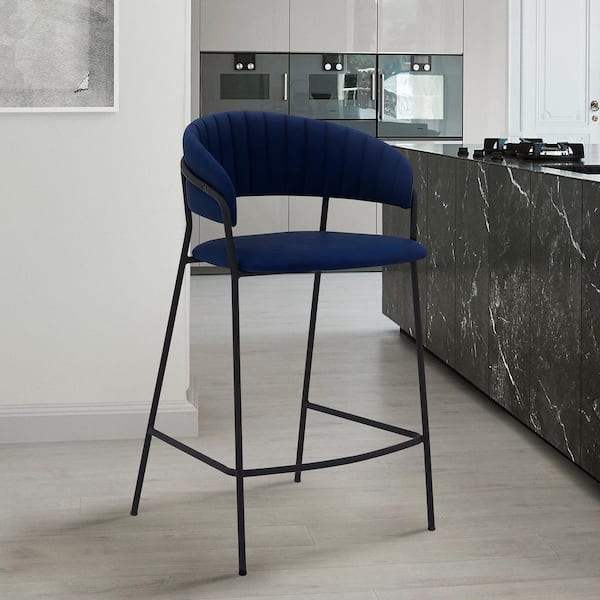 Armen Living Nara 36 in. Blue Modern Faux Leather and Metal Counter Height Bar Stool