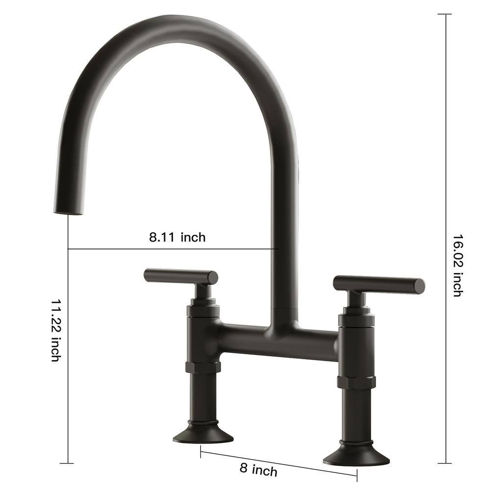 Matte Black Double-Handle Bridge Kitchen Faucet with High-Arc Spout