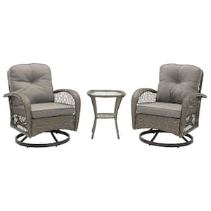 Serga 3-Pieces Wicker Patio Furniture Set Outdoor Patio Swivel Chairs with Gray Cushions