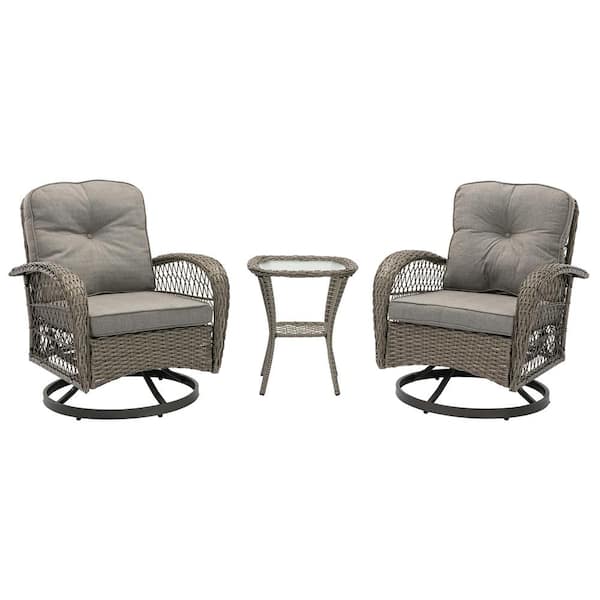 Unbranded Serga 3-Pieces Wicker Patio Furniture Set Outdoor Patio Swivel Chairs with Gray Cushions