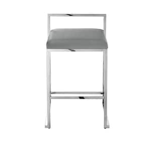 Amariah Collection 31in Height Bar Stool Geometric Frame Leather PU in Grey/Chrome