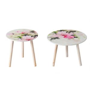 35.4 in. White and Pink Round Wood End/Side Table with Wooden Frame (Set of 2)