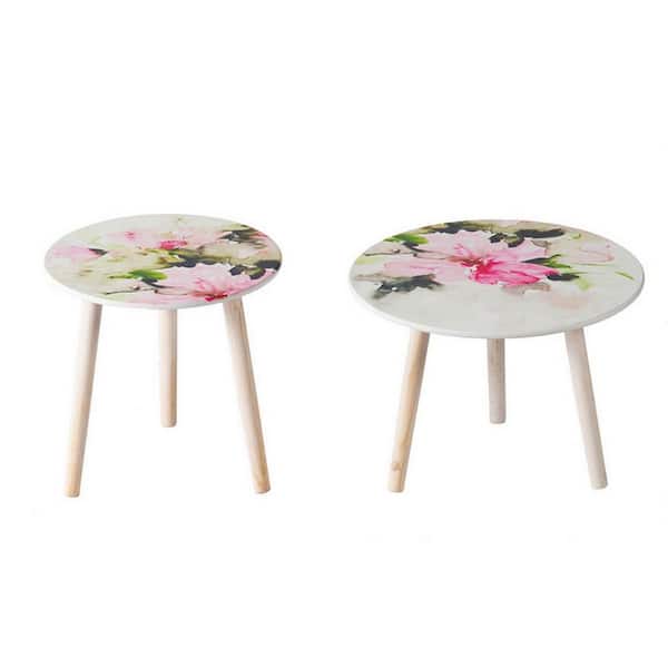Benjara 35.4 in. White and Pink Round Wood End/Side Table with Wooden Frame (Set of 2)