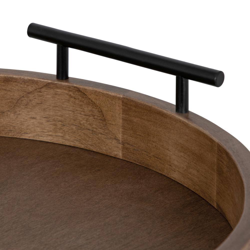 Rustic Brown Round Wood Tray with Black Metal Handles, 15.5" Diameter